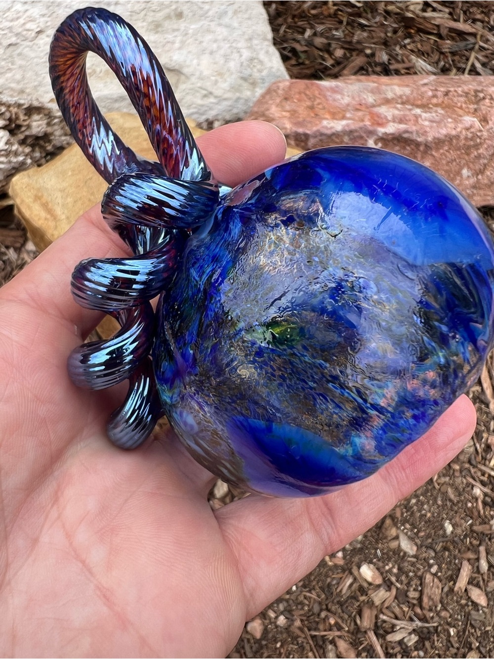 Handblown Blue Glass Pumpkin Halloween Thanksgiving Autumn - Picture 7 of 12
